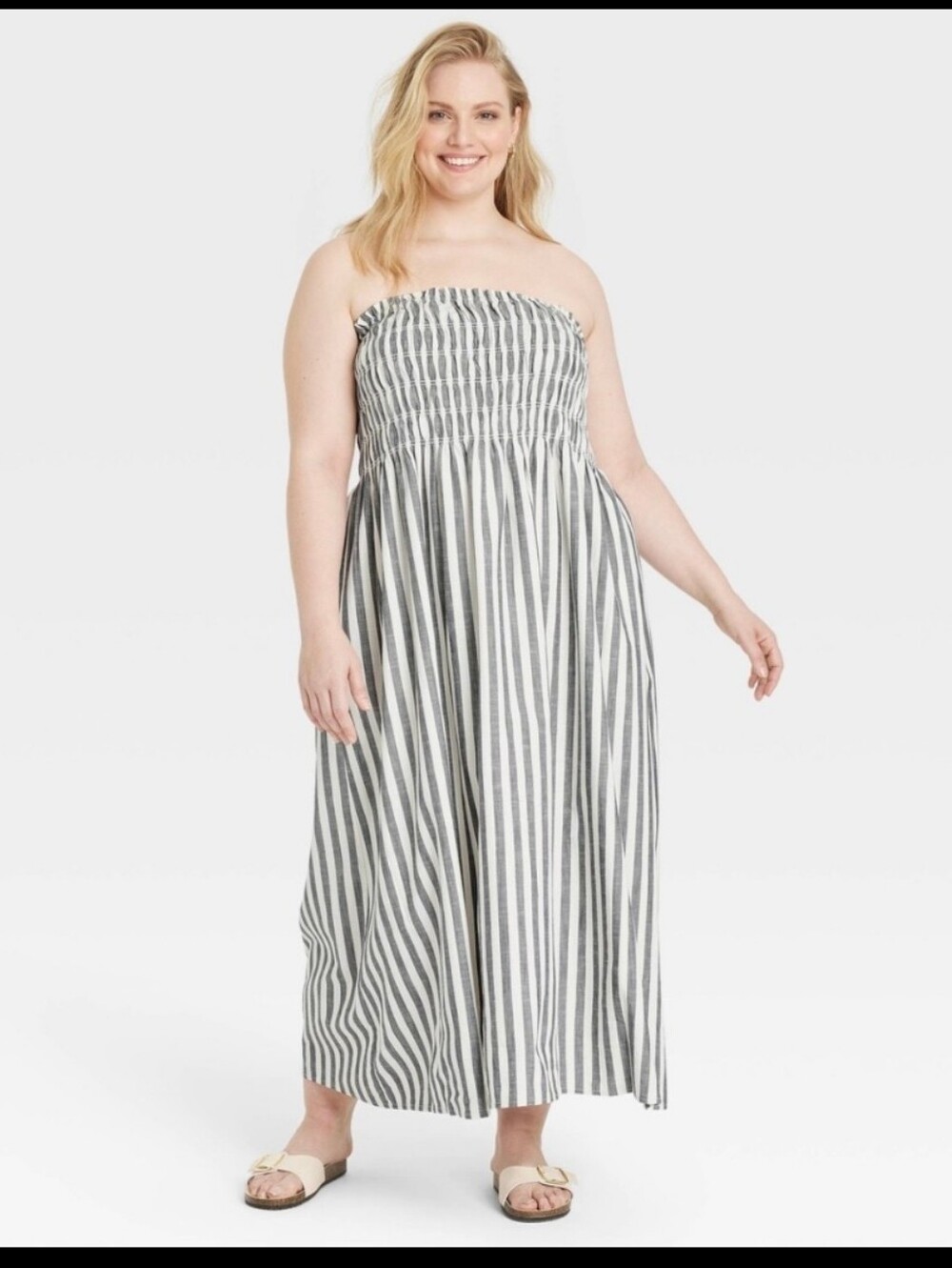 Universal Threads  Gray  & White Striped Strapless Cotton Blend  Maxi Dress Sz L